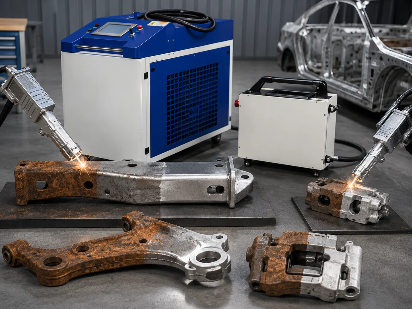 Automotive parts with rust removed from part of each surface