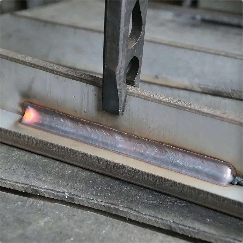 Fresh fillet weld bead on a T-joint with clean plate on both sides