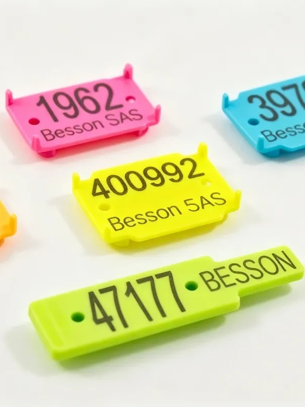 Colored plastic tags marked with a UV laser